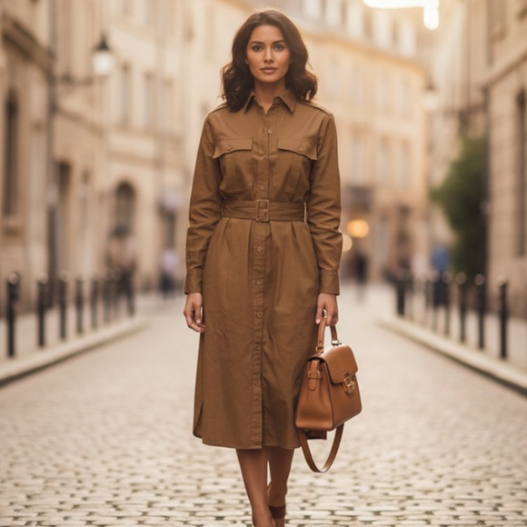 Polo Ralph Lauren Dresses & Skirts - Polo Ralph Lauren Long sleeve Collared Belted Cotton Midi Shirt Dress Size 6